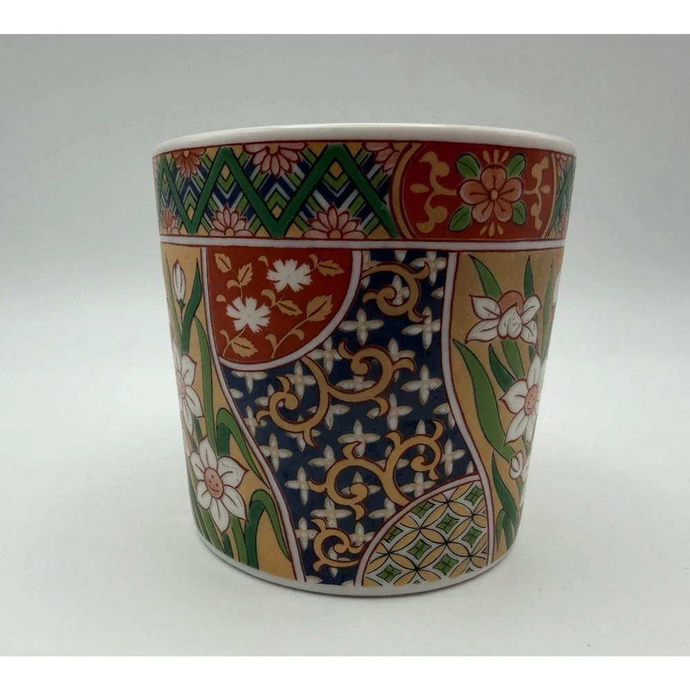 Gumps Karakusa Japanese Porcelain Mug Imari Red Blue Green Gold Tones